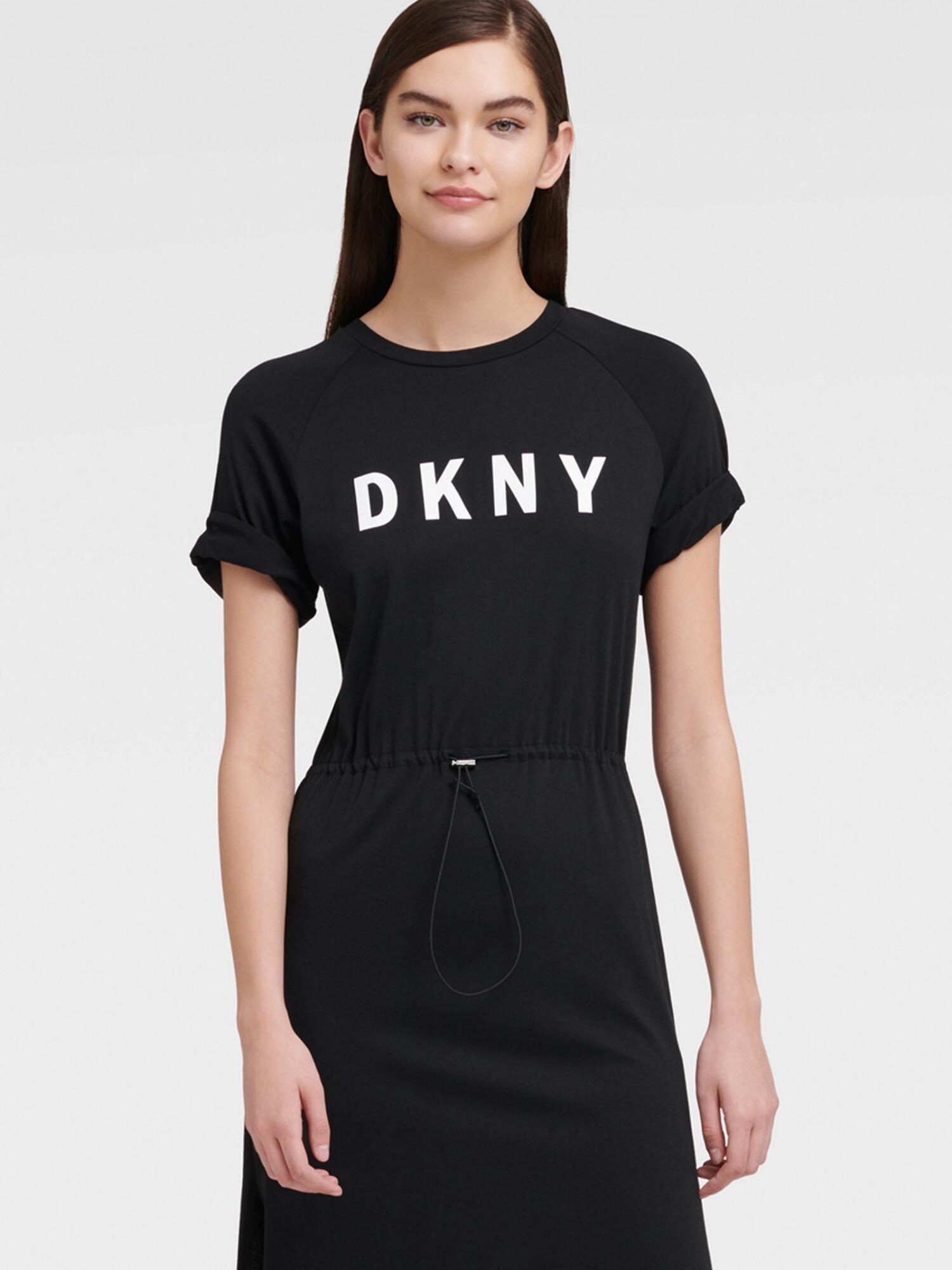 DKNY Cotton Maxi Logo Tee Dress With Drawstring in Black Ivory (Black ...