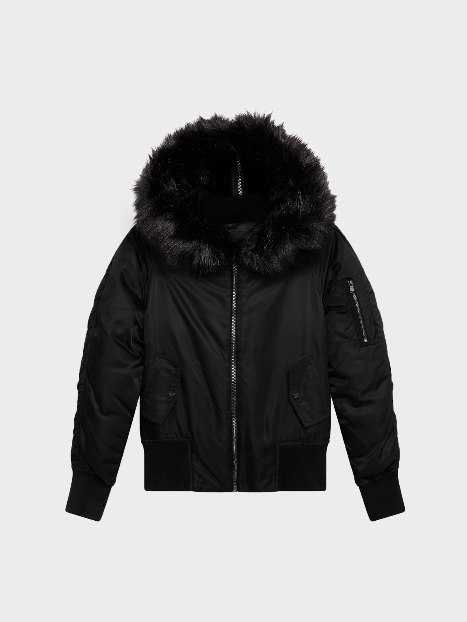 Dkny Nylon Twill Down Bomber With Faux Fur Hood In Black Lyst