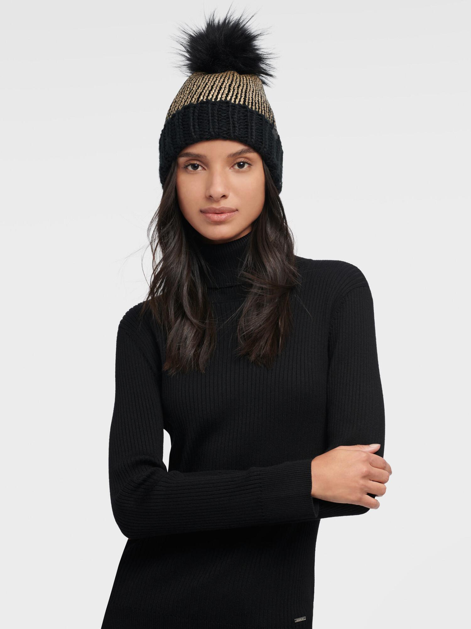DKNY Metallic Beanie With Faux Fur Pom 