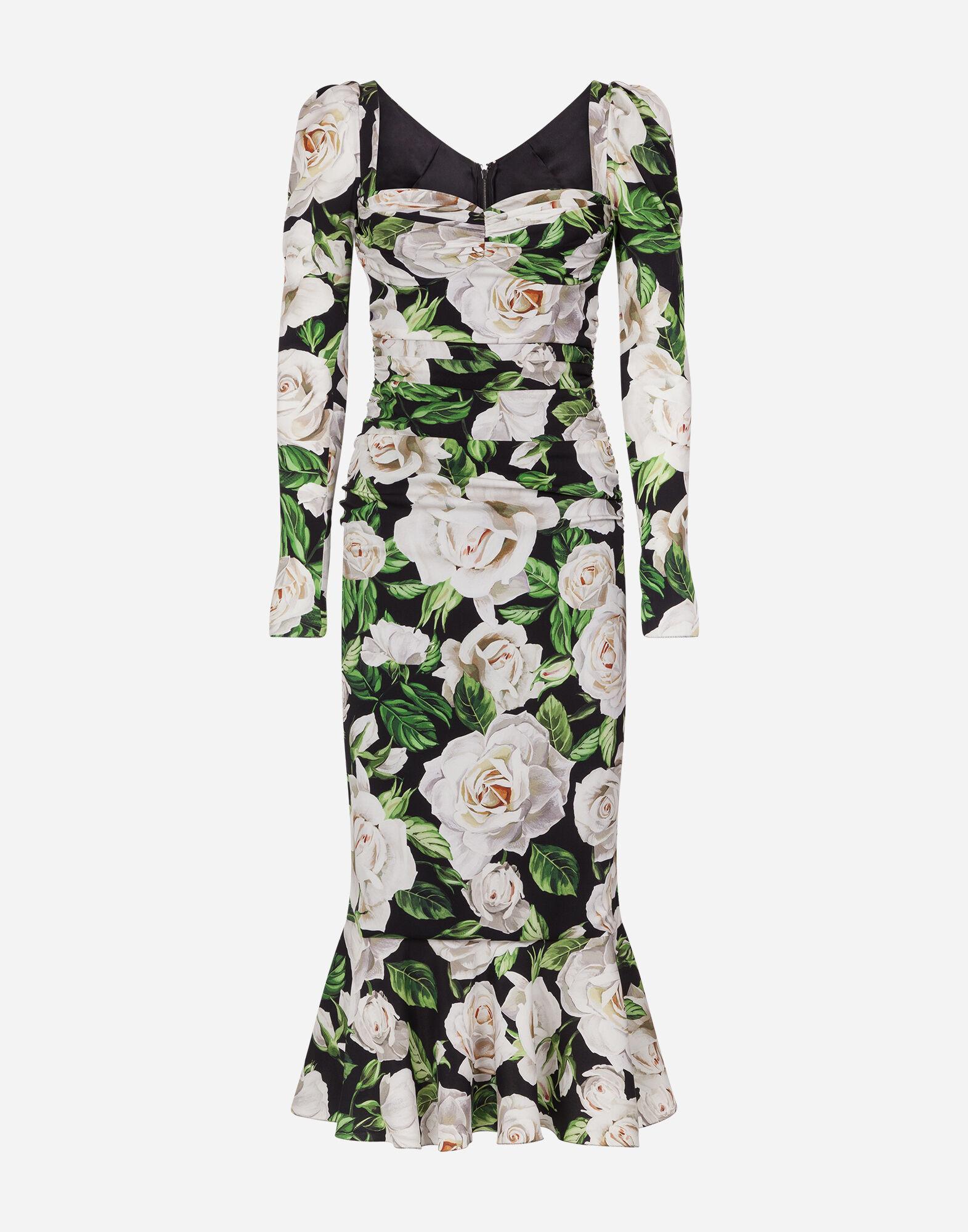 Dolce & Gabbana Silk Rose Print Charmeuse Midi Dress in Floral Print