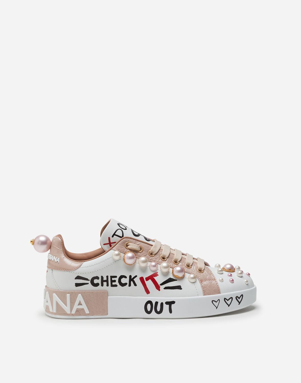 Dolce & Gabbana Printed Nappa Calfskin Portofino Sneakers With Pearl  Embroidery in White | Lyst