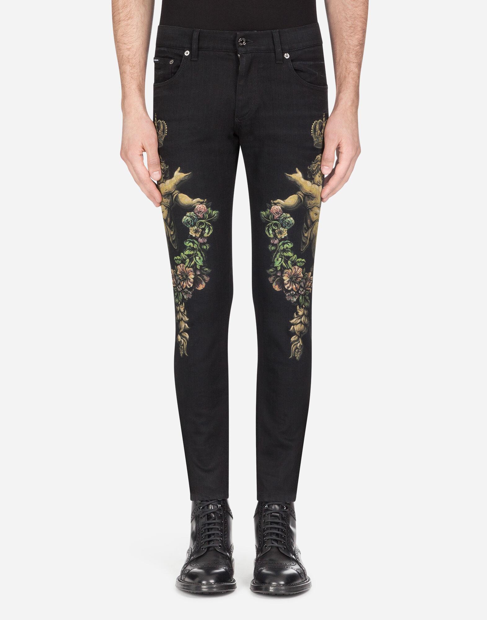 Dolce & Gabbana Denim Skinny Stretch Jeans With Angel Print in Black