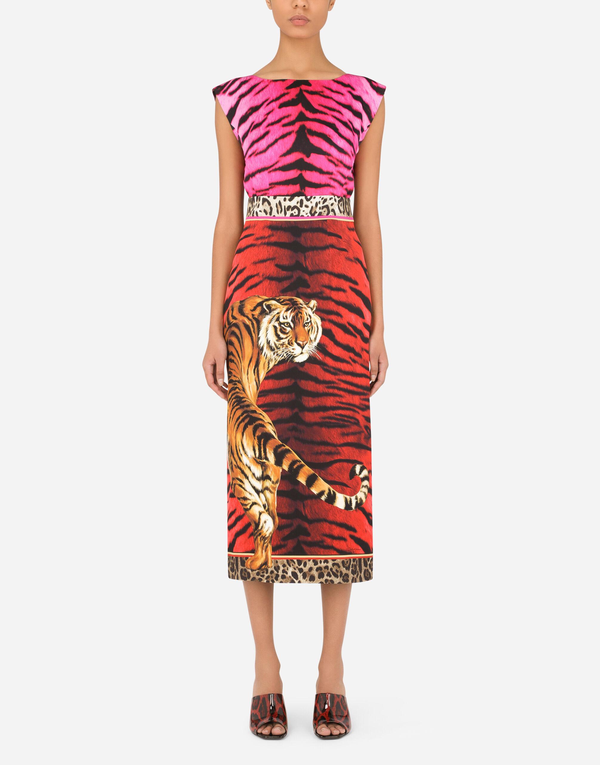 Charmeuse Calf-length Dress With Tiger Print