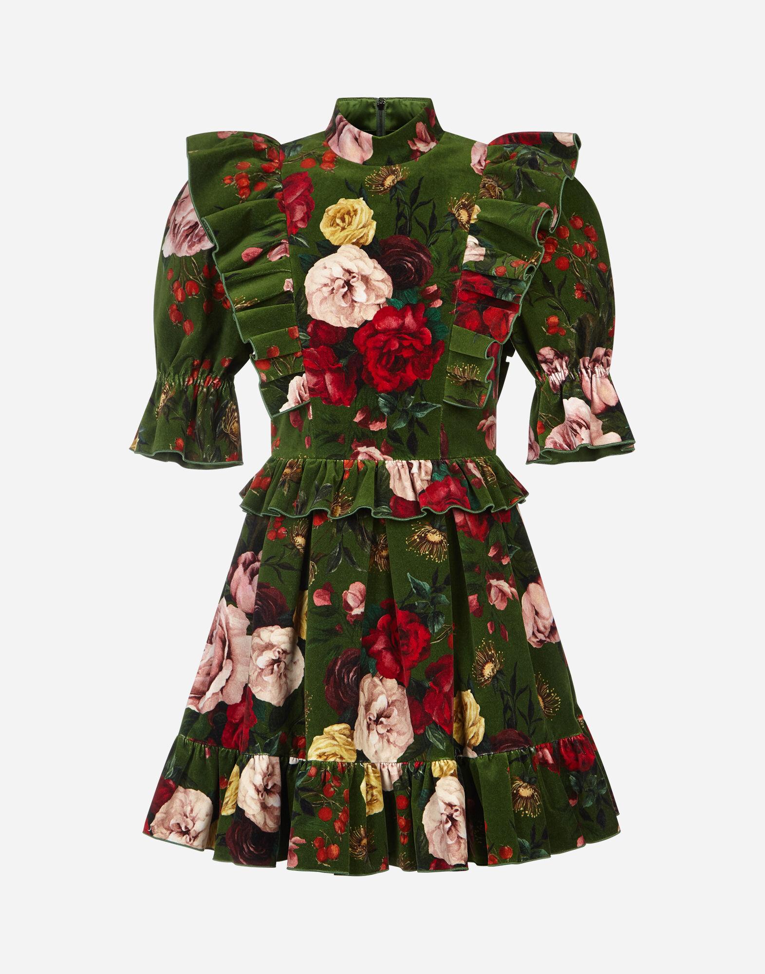 Dolce & Gabbana Ruffled Baroque Rose-print Velvet Dress in Green | Lyst