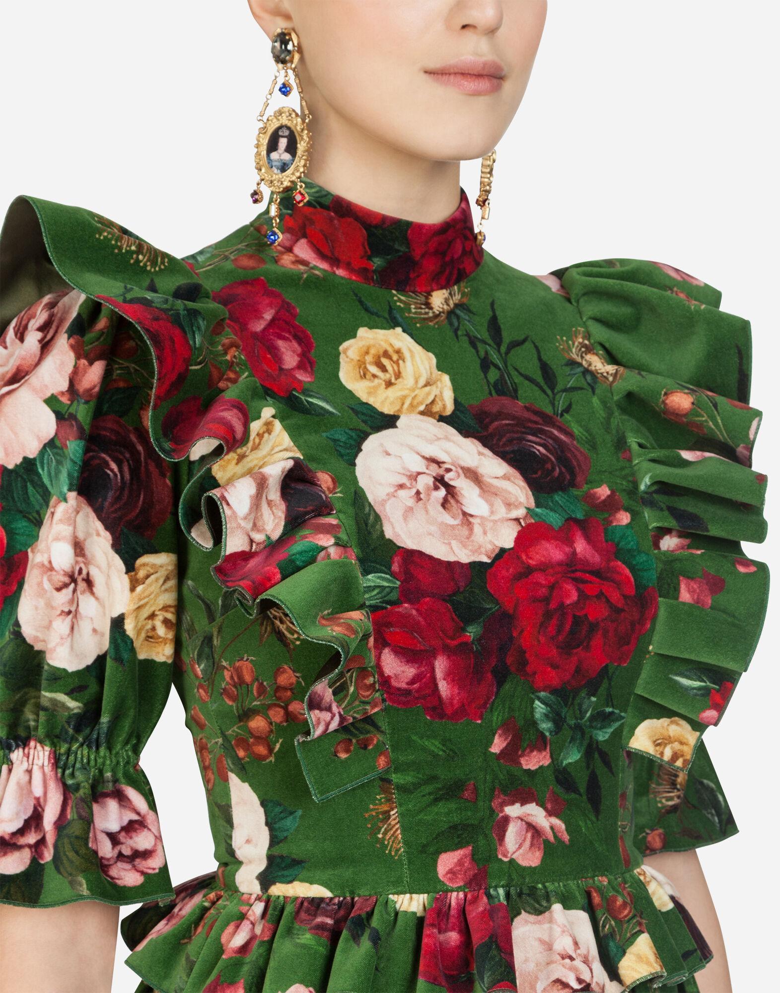 Dolce & Gabbana Ruffled Baroque Rose-print Velvet Dress in Green | Lyst