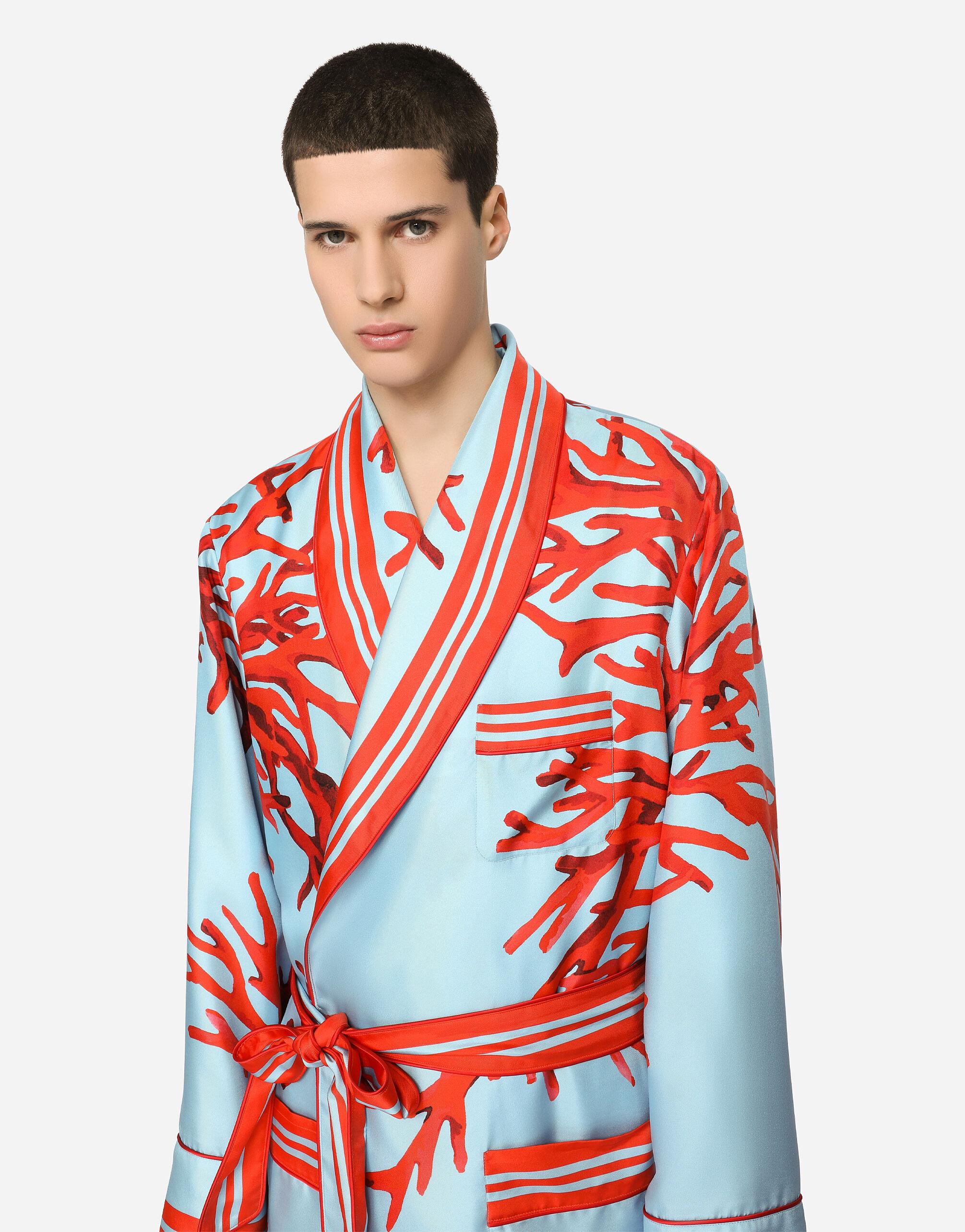 Mens Clothing Nightwear and sleepwear Dolce & Gabbana Cotton Bathrobe With Coral-print Details in Blue for Men 
