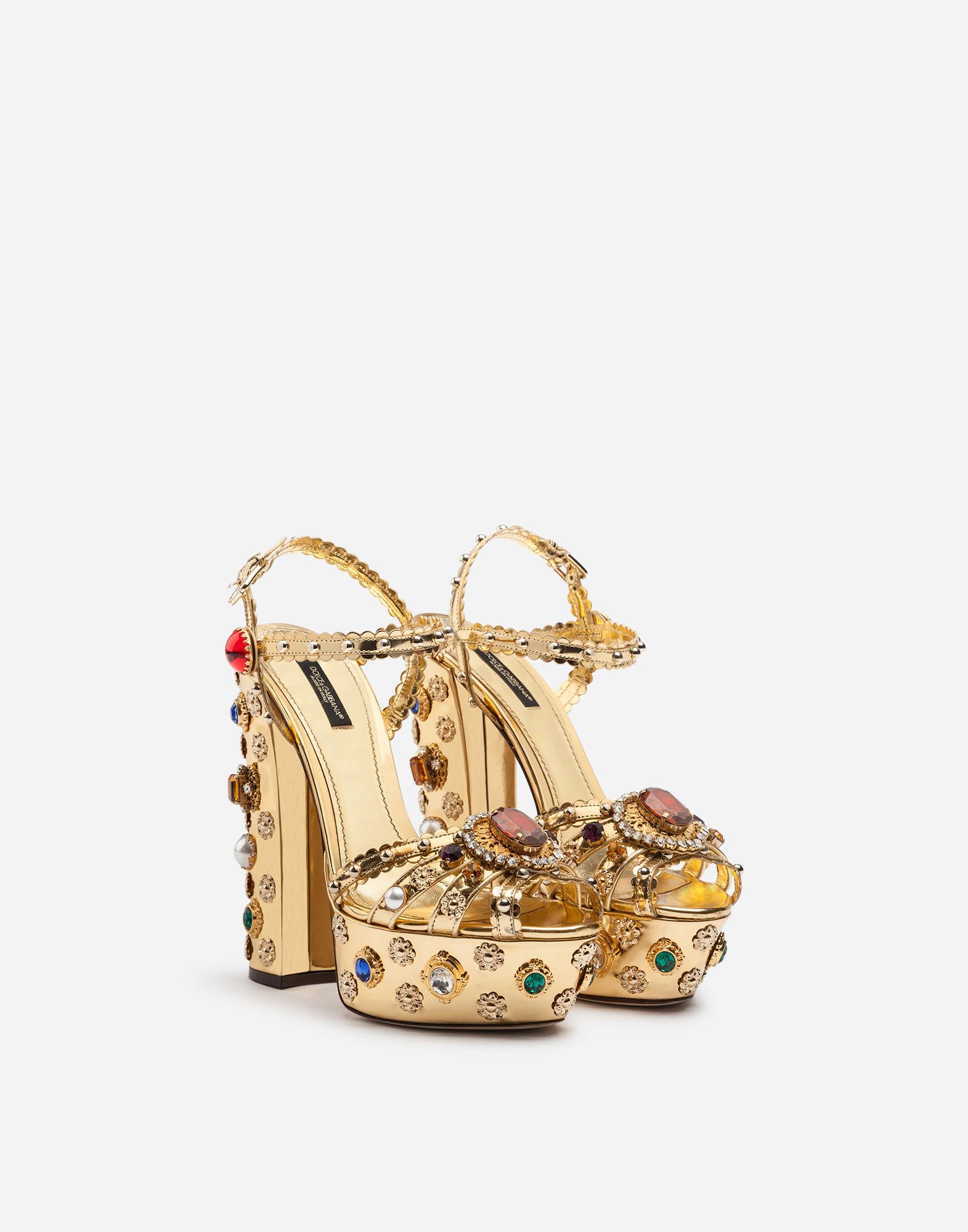 Dolce & Gabbana Bejeweled Platform Sandals In Mirrored Calfskin in Metallic  | Lyst