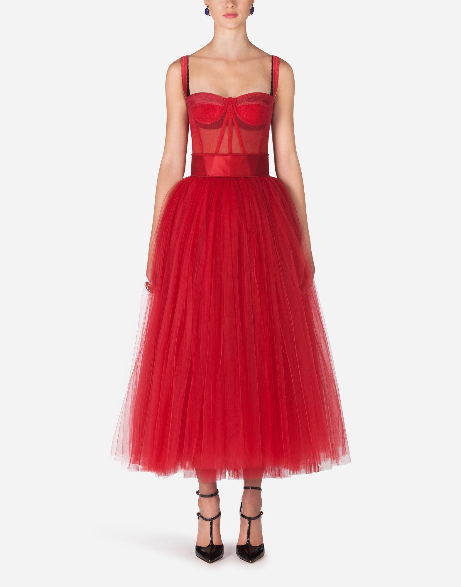 Dolce & Gabbana Bustier Tulle Midi Dress in Red - Lyst