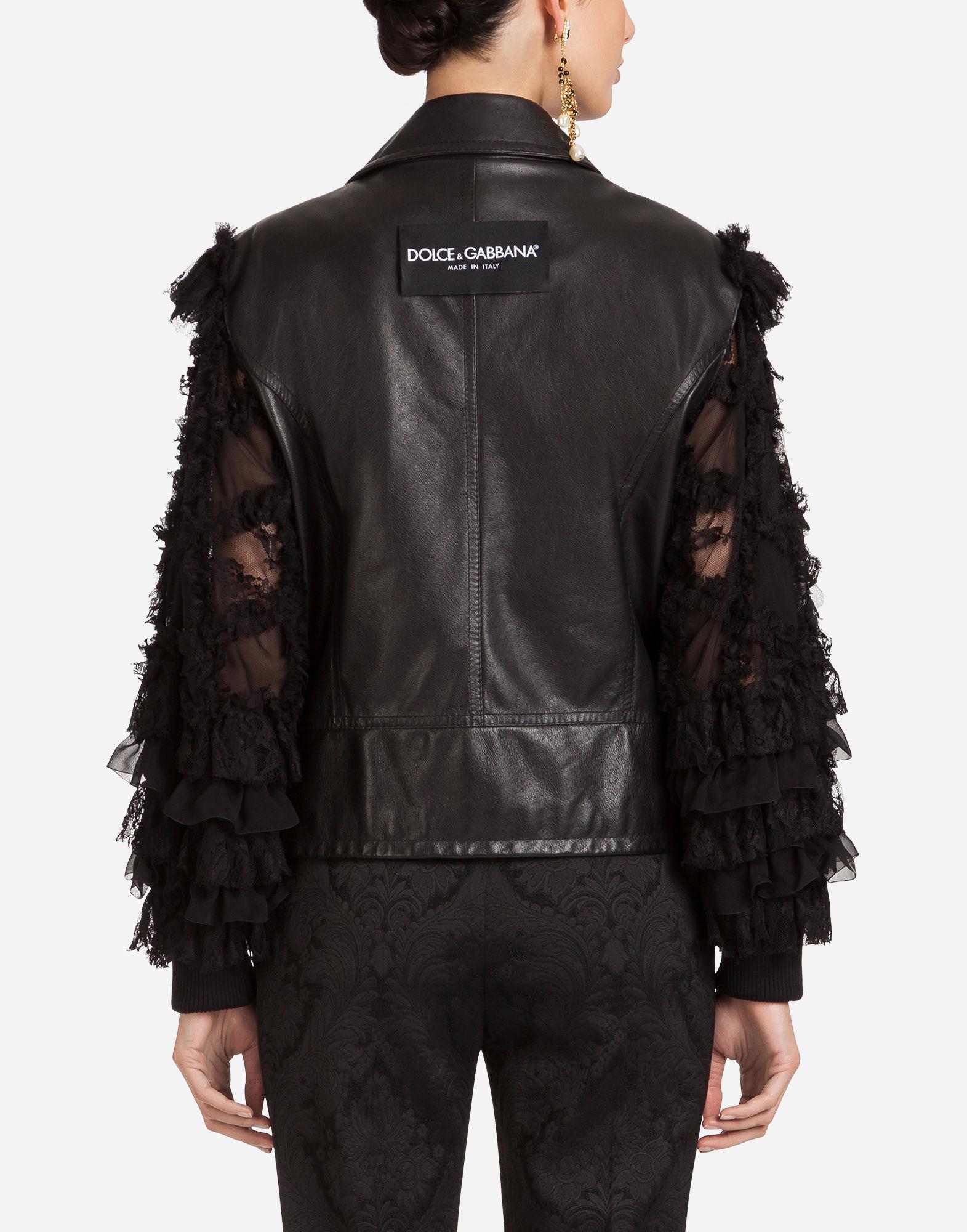 Dolce & Gabbana Leather Biker Jacket With Lace Sleeves in Black | Lyst