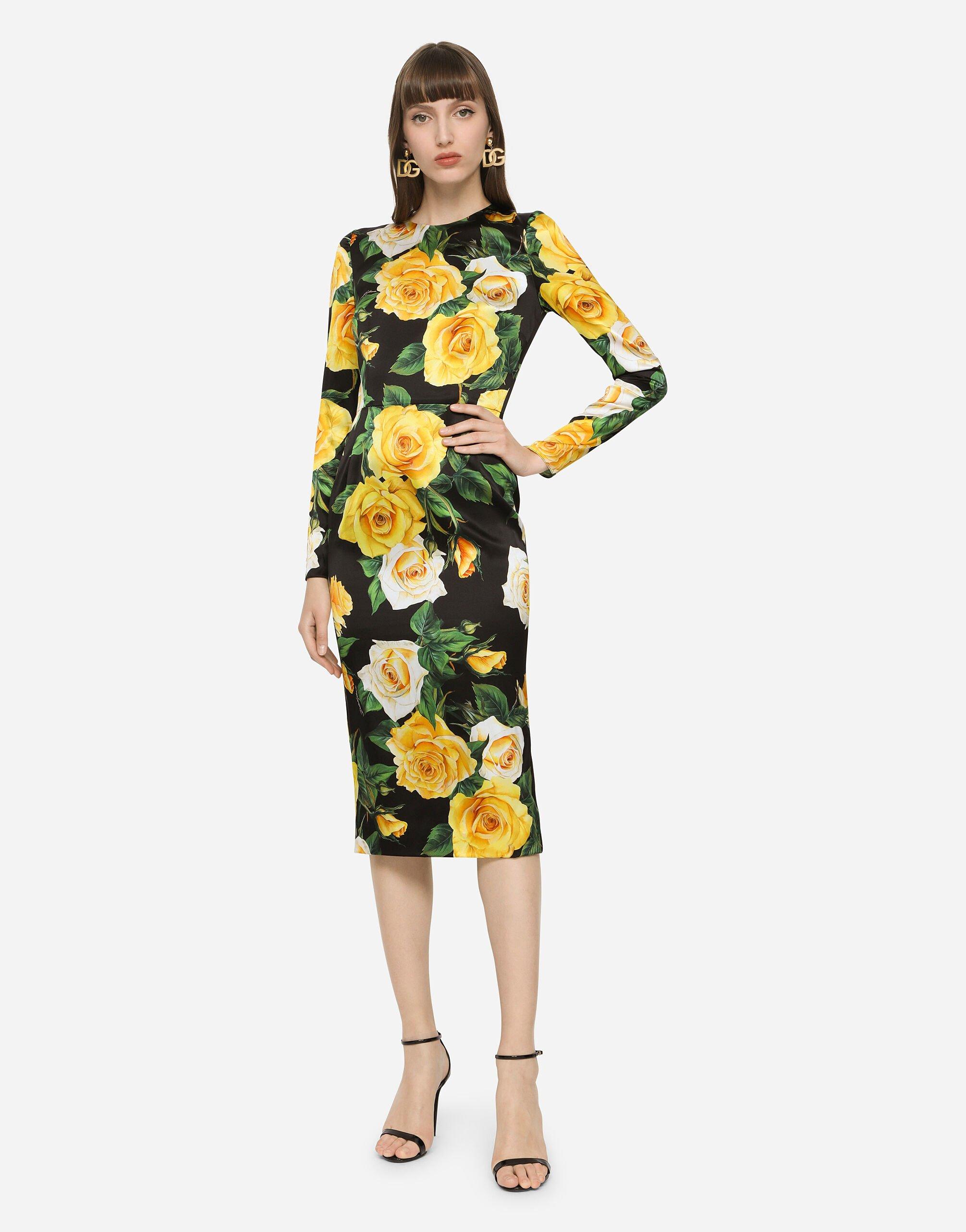 Dolce & Gabbana Satin Calf-length Dress With Yellow Rose Print | Lyst