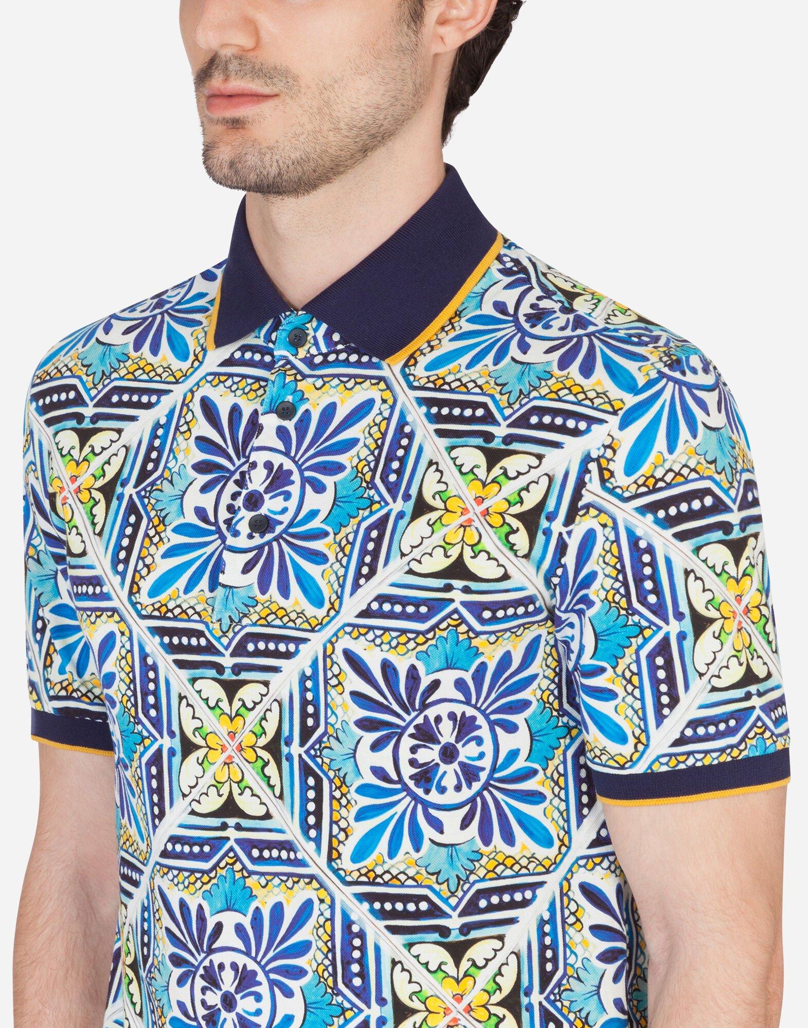 Dolce & Gabbana Cotton Polo Shirt With Maiolica Print in Blue for Men
