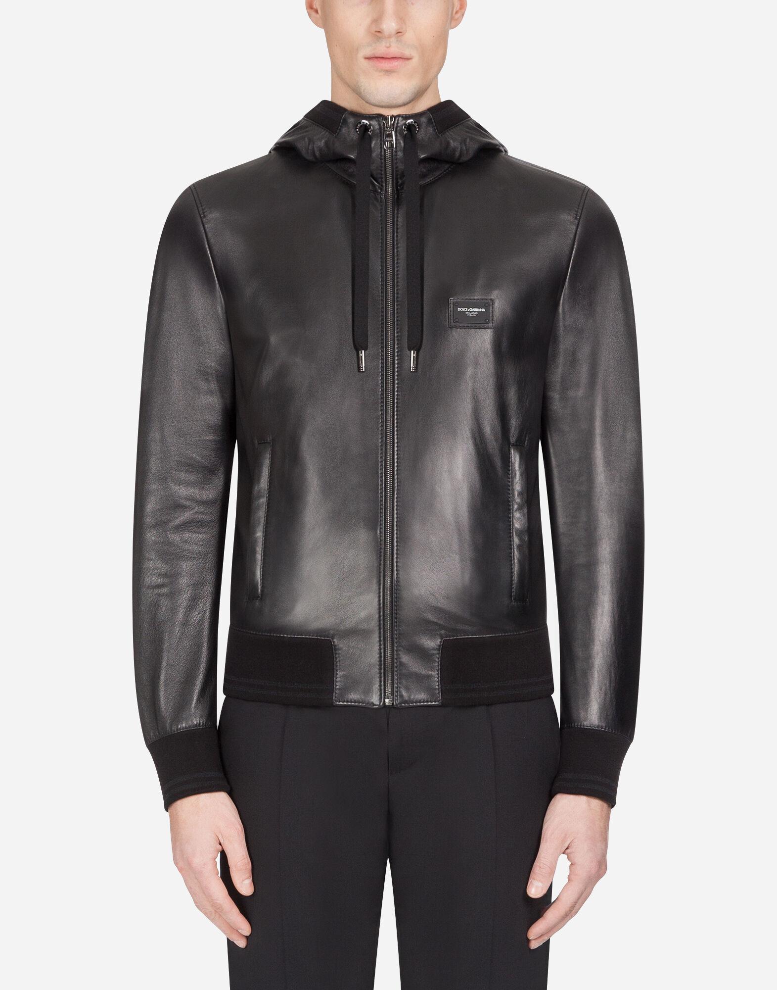 Dolce & Gabbana Leather Jacket With Hood And Branded Plate in Black for