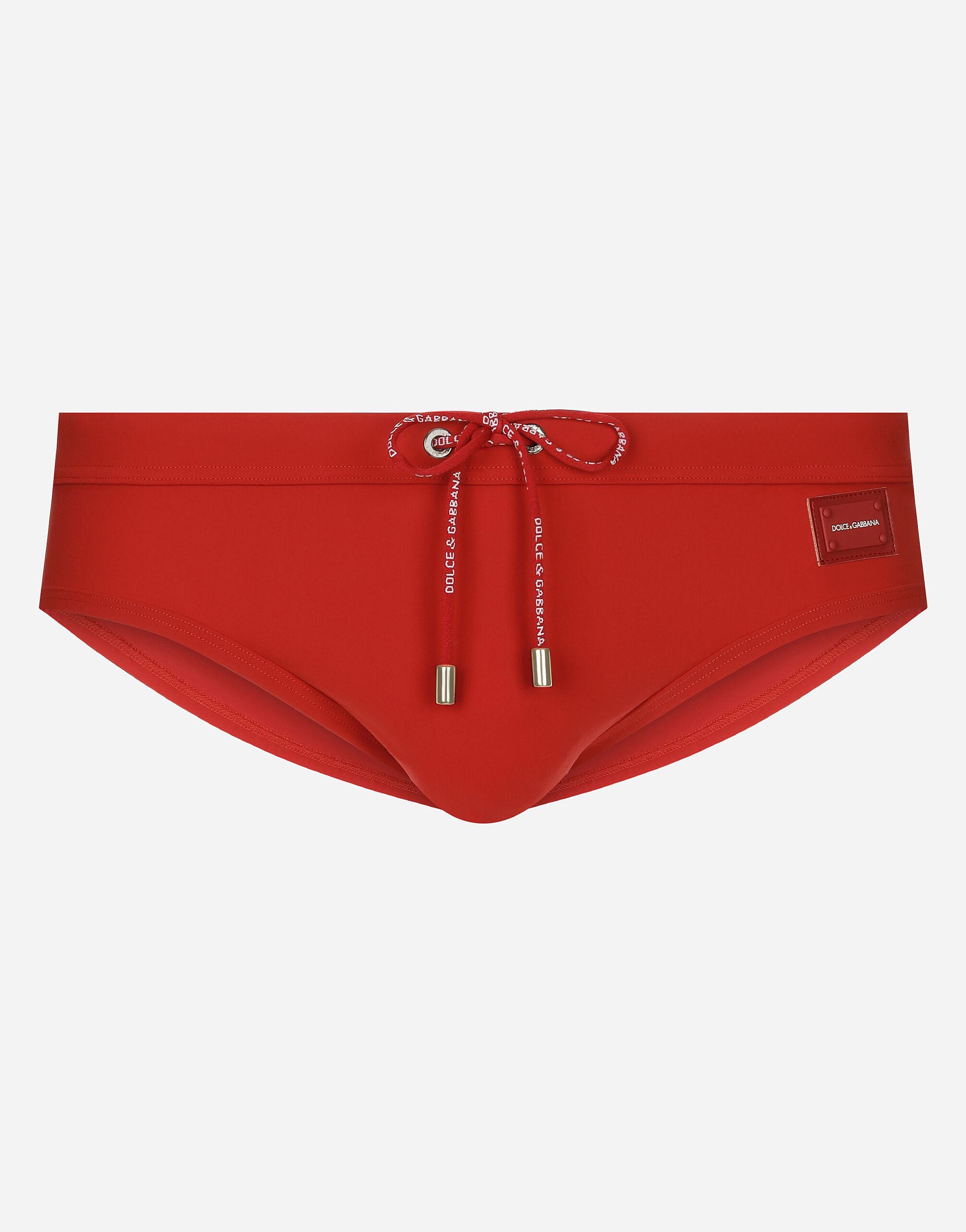 Herren Bekleidung Unterwäsche Dolce & Gabbana Synthetik Hohe Badehose mit Logoplakette in Rot für Herren 