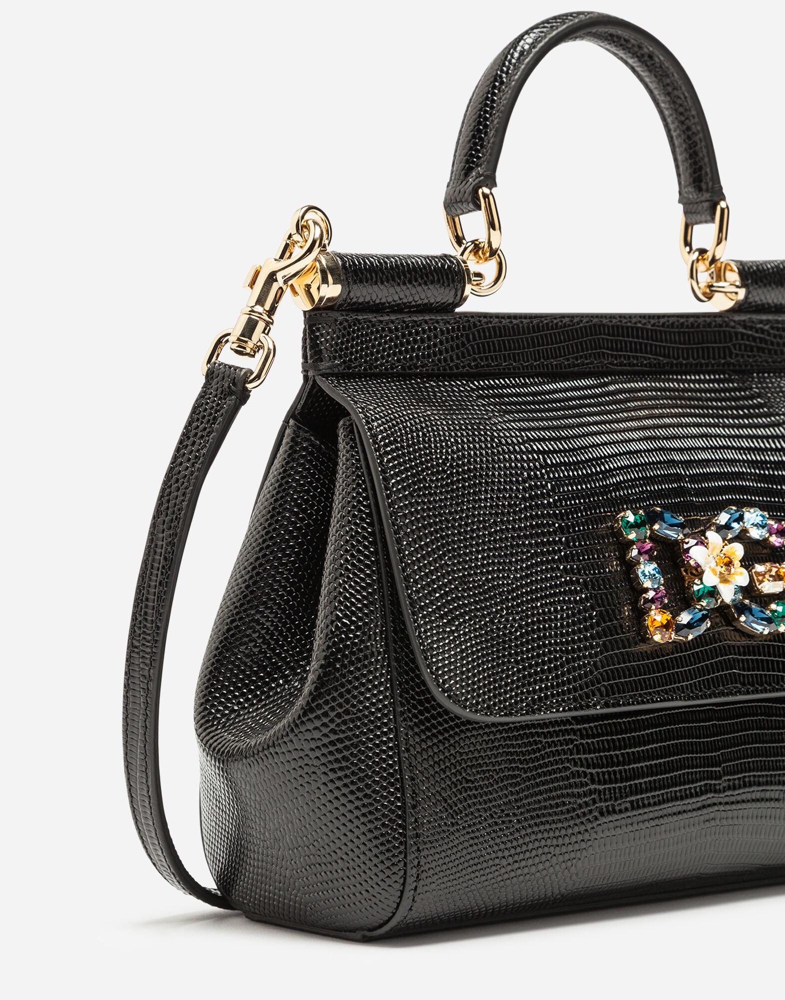 Dolce & Gabbana Small Calfskin Sicily Bag With Iguana-print And Dg Crystal  Logo Patch in Black