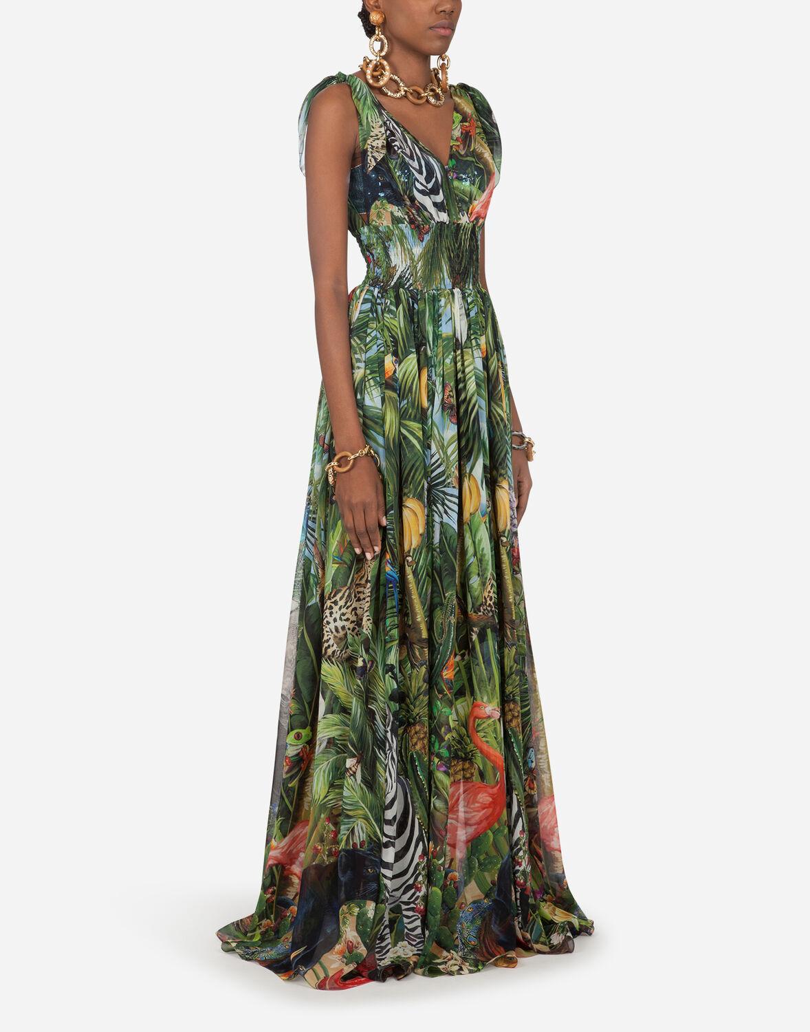 Dolce & Gabbana Silk Long Georgette Dress With Jungle Print in Green - Lyst