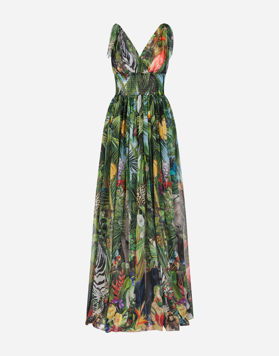 Dolce & Gabbana Silk Long Georgette Dress With Jungle Print in Green | Lyst