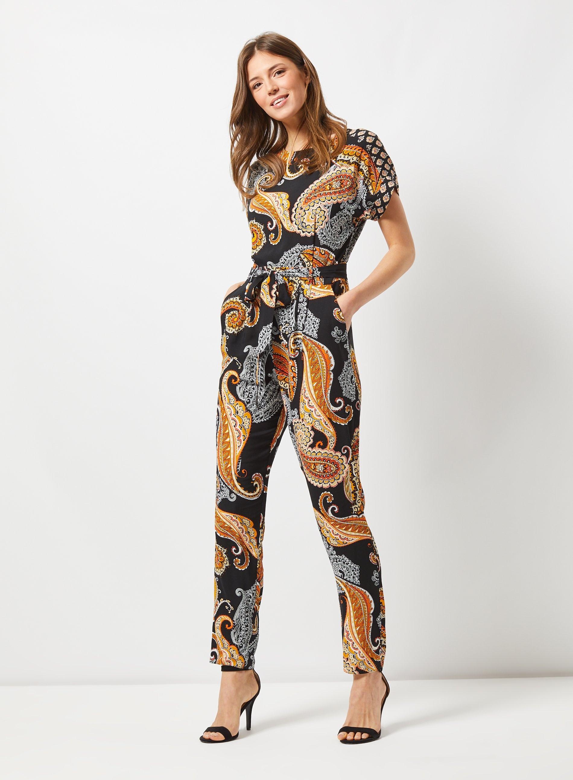 Dorothy Perkins Synthetic Black And Orange Paisley Print Jumpsuit Black Lyst