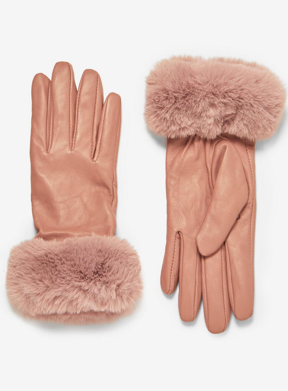 Blush Faux Fur Trim Gloves in Pink 