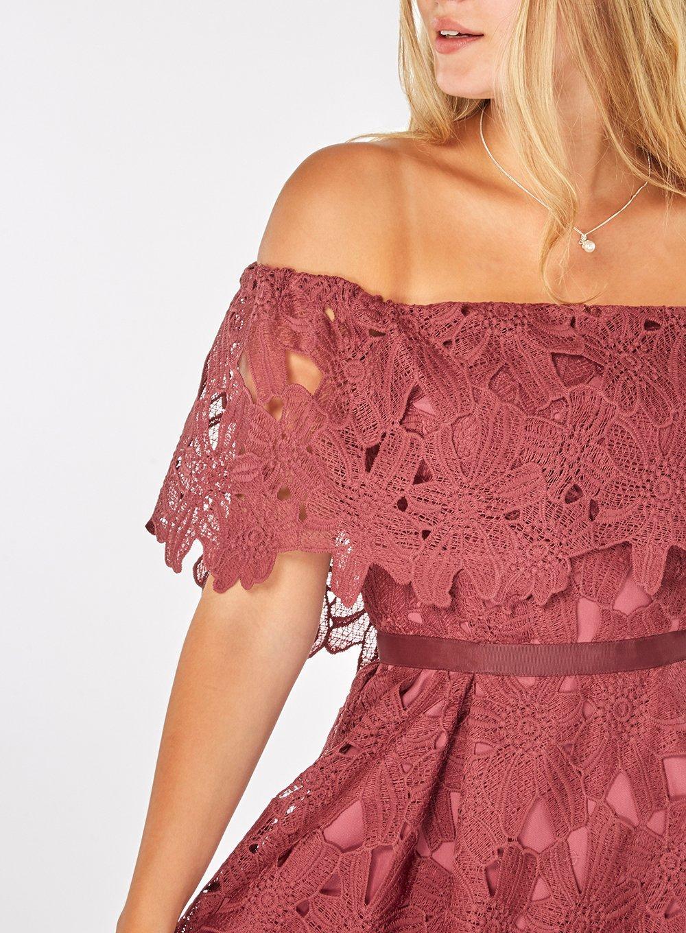 luxe plum lace bardot dress