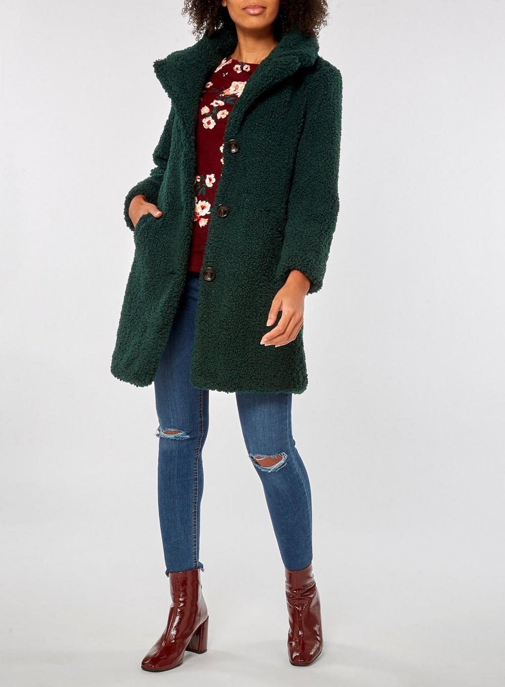Download Dorothy Perkins Synthetic Tall Green Teddy Coat - Lyst