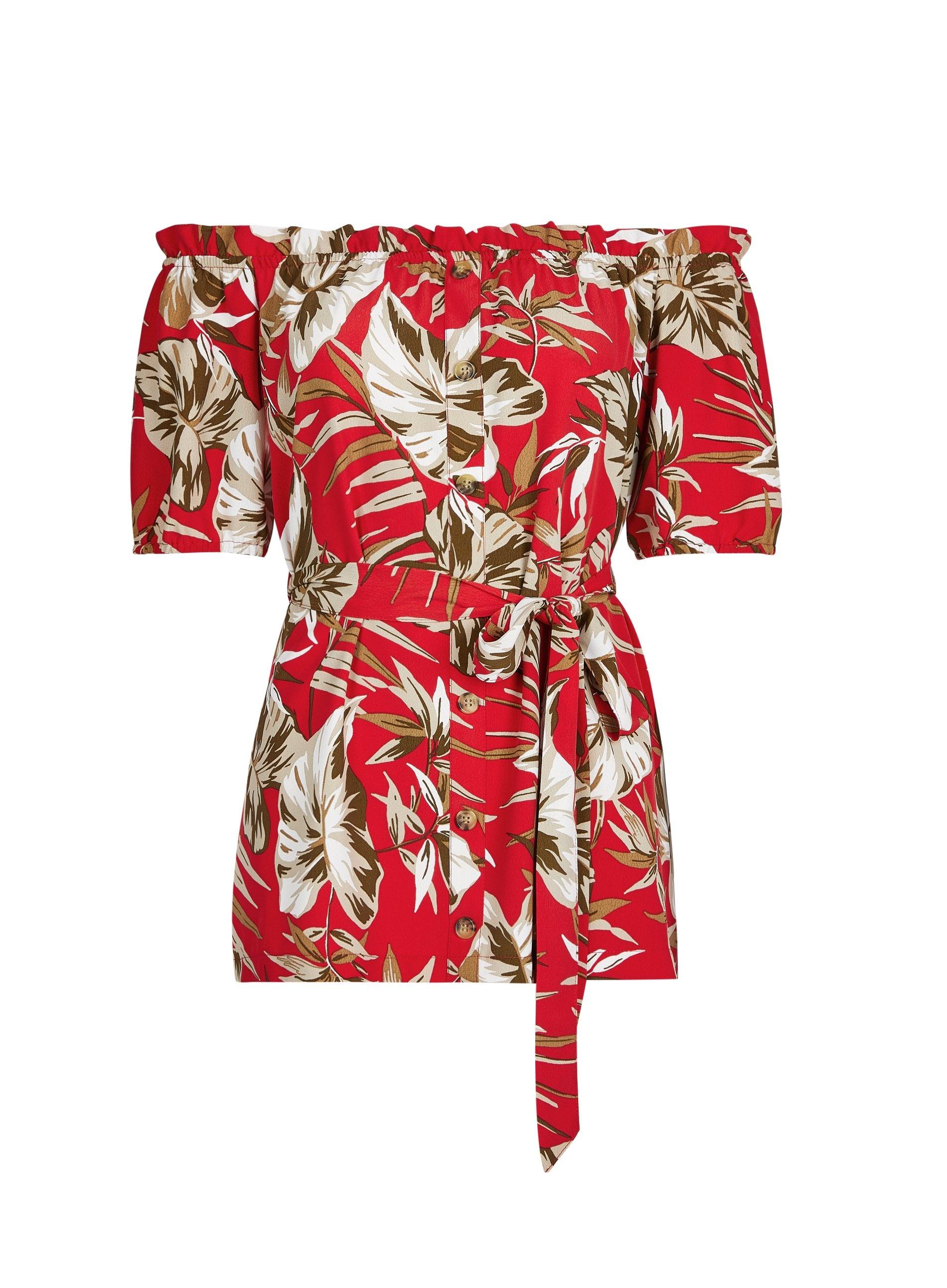 Dorothy Perkins Petite Red Tropical Print Longline Bardot Top in Red Lyst