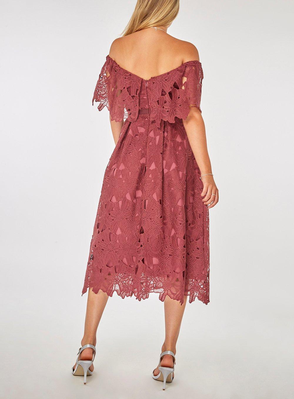luxe plum lace bardot dress