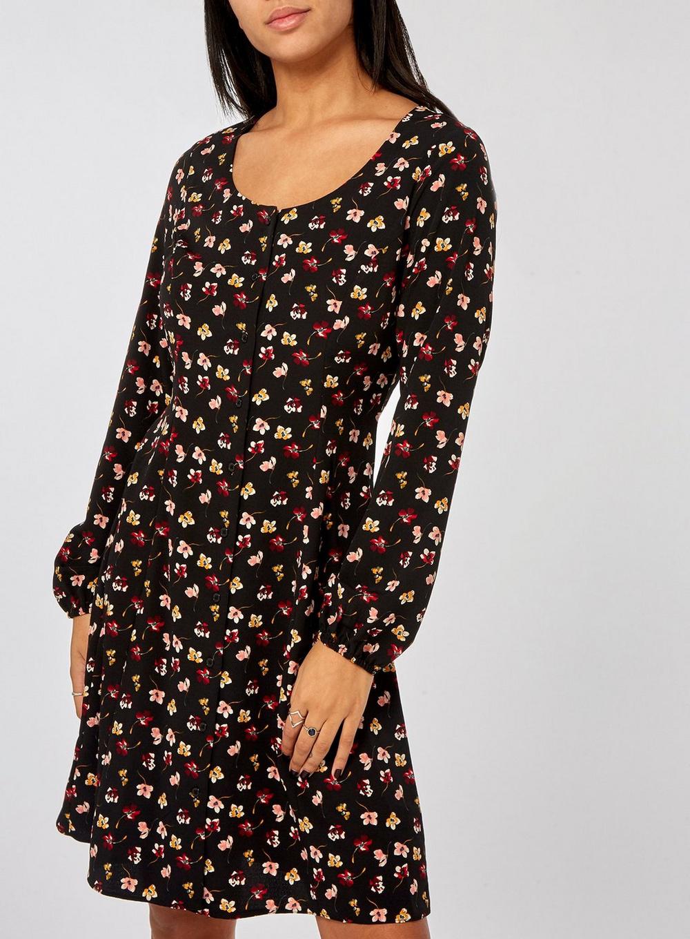 Lyst Dorothy Perkins Black Floral Print Button Tea Dress in Black