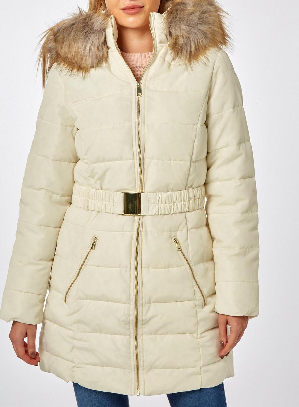 Dorothy Perkins Fur Cream Belted Padded Coat in Natural Lyst