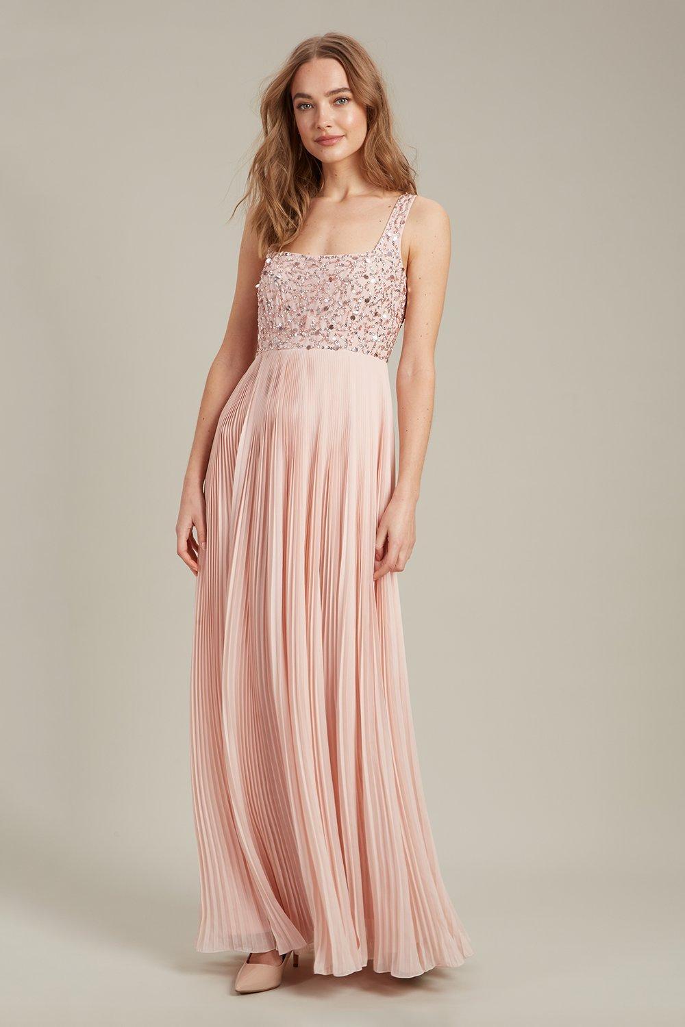Dorothy Perkins Square Neck Embellished Pleated Maxi Dress in Pink