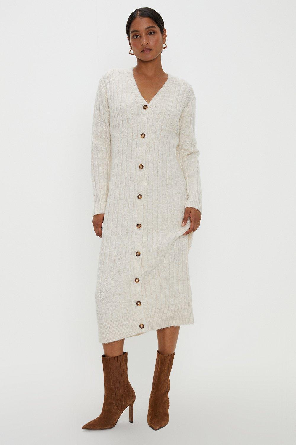 Dorothy Perkins Chunky Knit Button Through Midi Dress in Natural