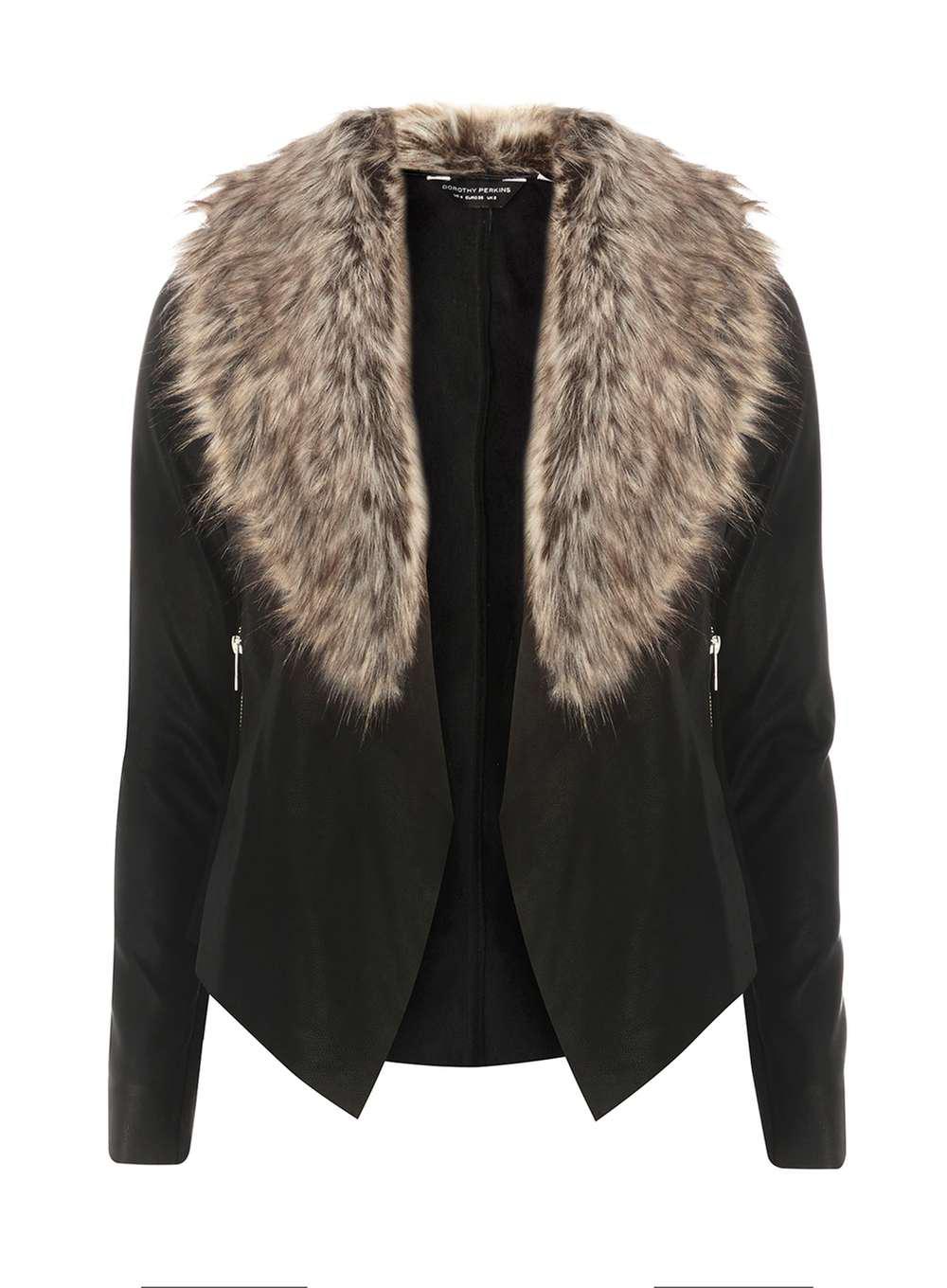 Dorothy Perkins Black Faux Fur Collar Waterfall Jacket In Lyst Gallery