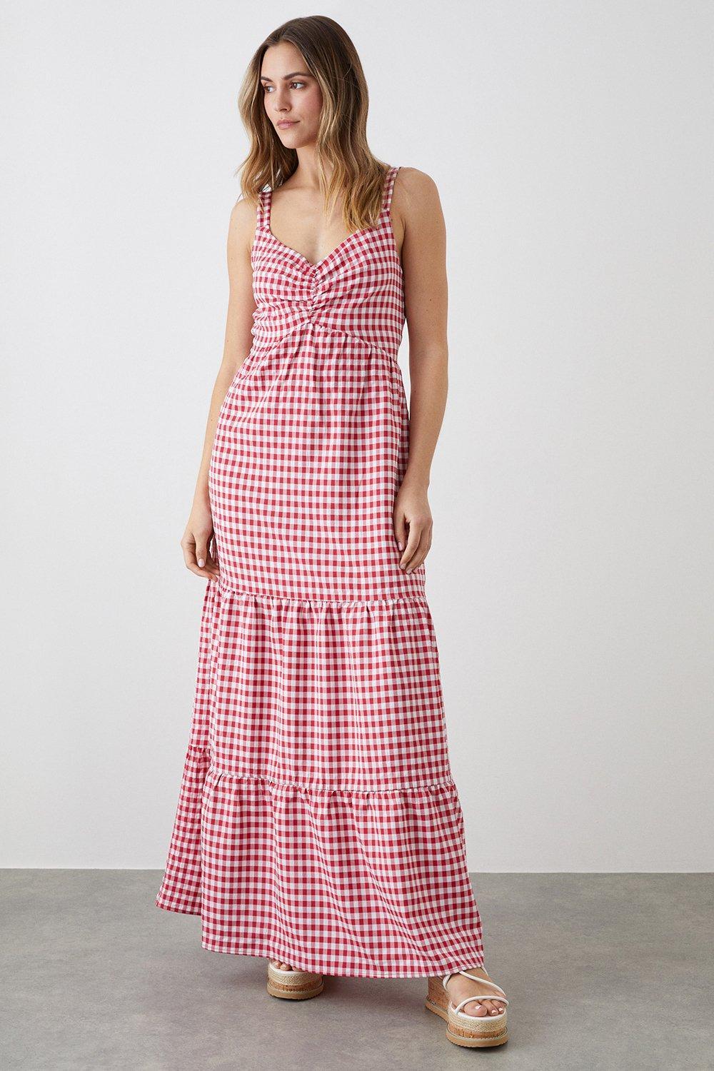 Dorothy Perkins Red Gingham Strappy Tiered Midi Dress in Pink