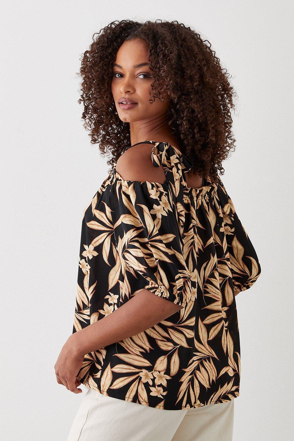 Dorothy Perkins Tall Black Tropical Tie Shoulder Bardot Top in