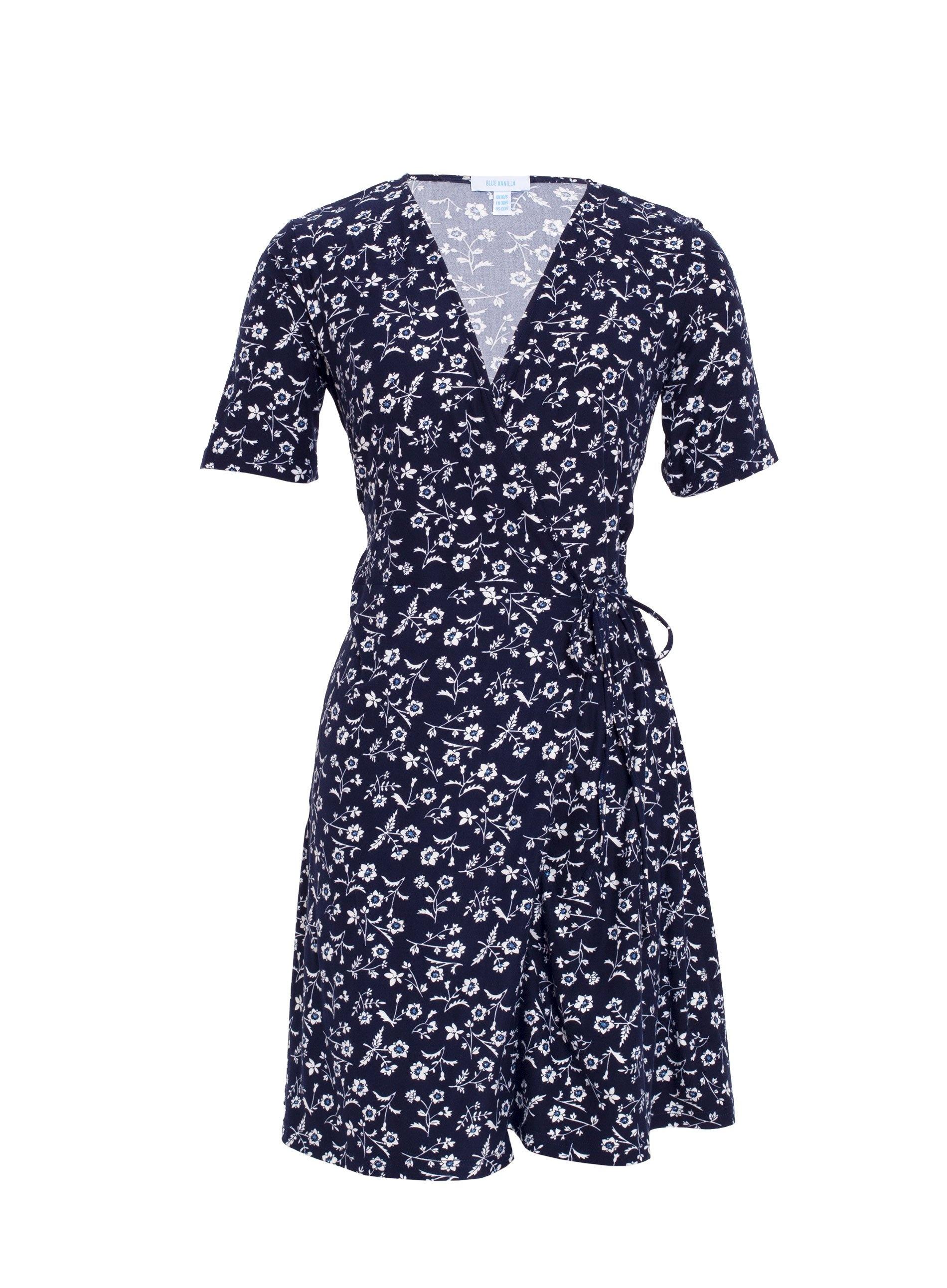 blue vanilla floral wrap dress