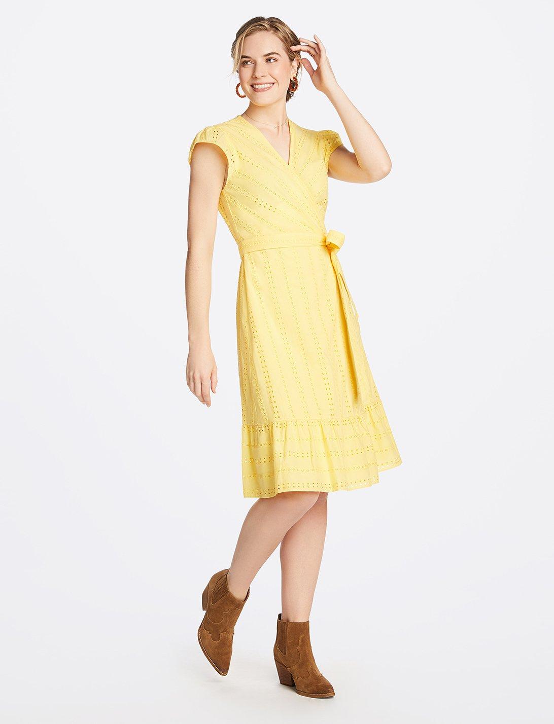 Draper James Cotton Striped Eyelet Flutter Sleeve Wrap Dress in Yellow
