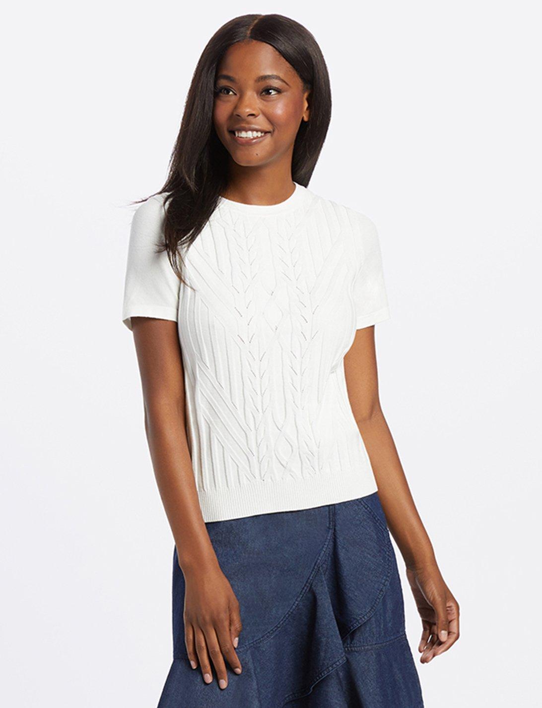 Draper James Synthetic Cable Knit Short Sleeve Sweater* in White Lyst