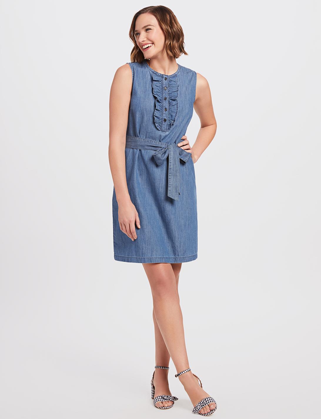 Draper James Cotton Belted Sleeveless Chambray Ruffle Shift Dress in ...