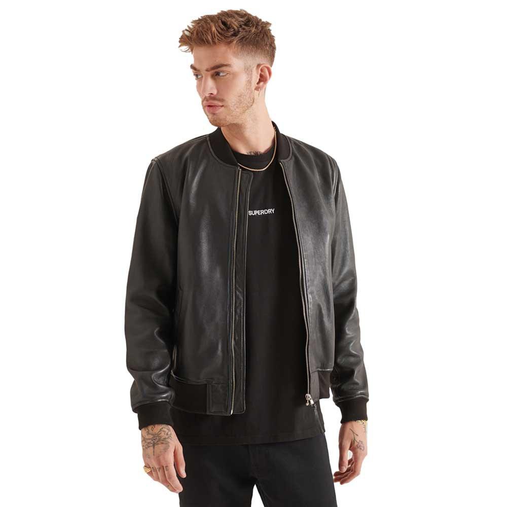 Superdry Studios Leather Flight Bomber Jacket in Black for Men | Lyst