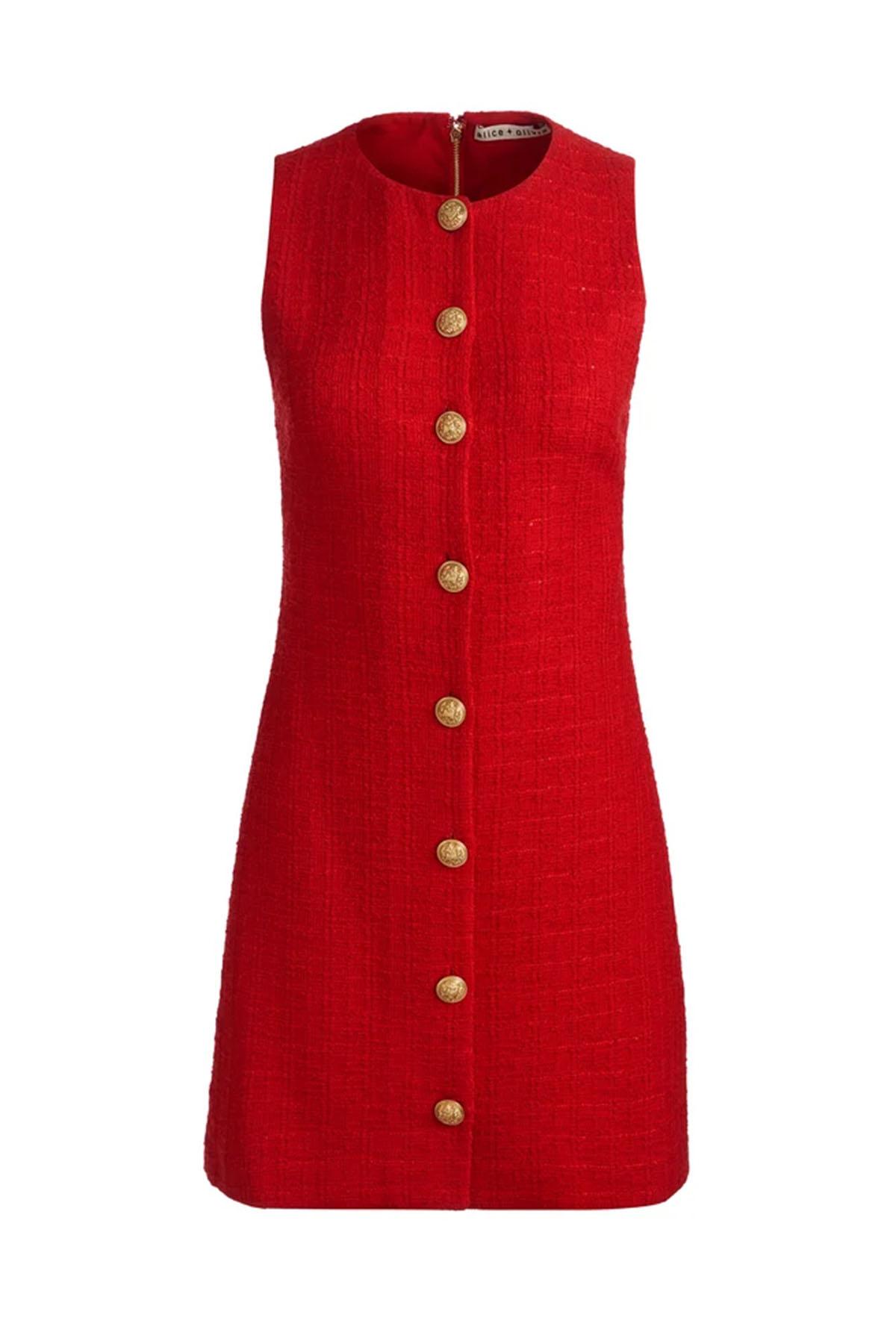 alice and olivia red tweed dress Alice and Olivia Shiloh Long Sleeved Button Front Mini Dress