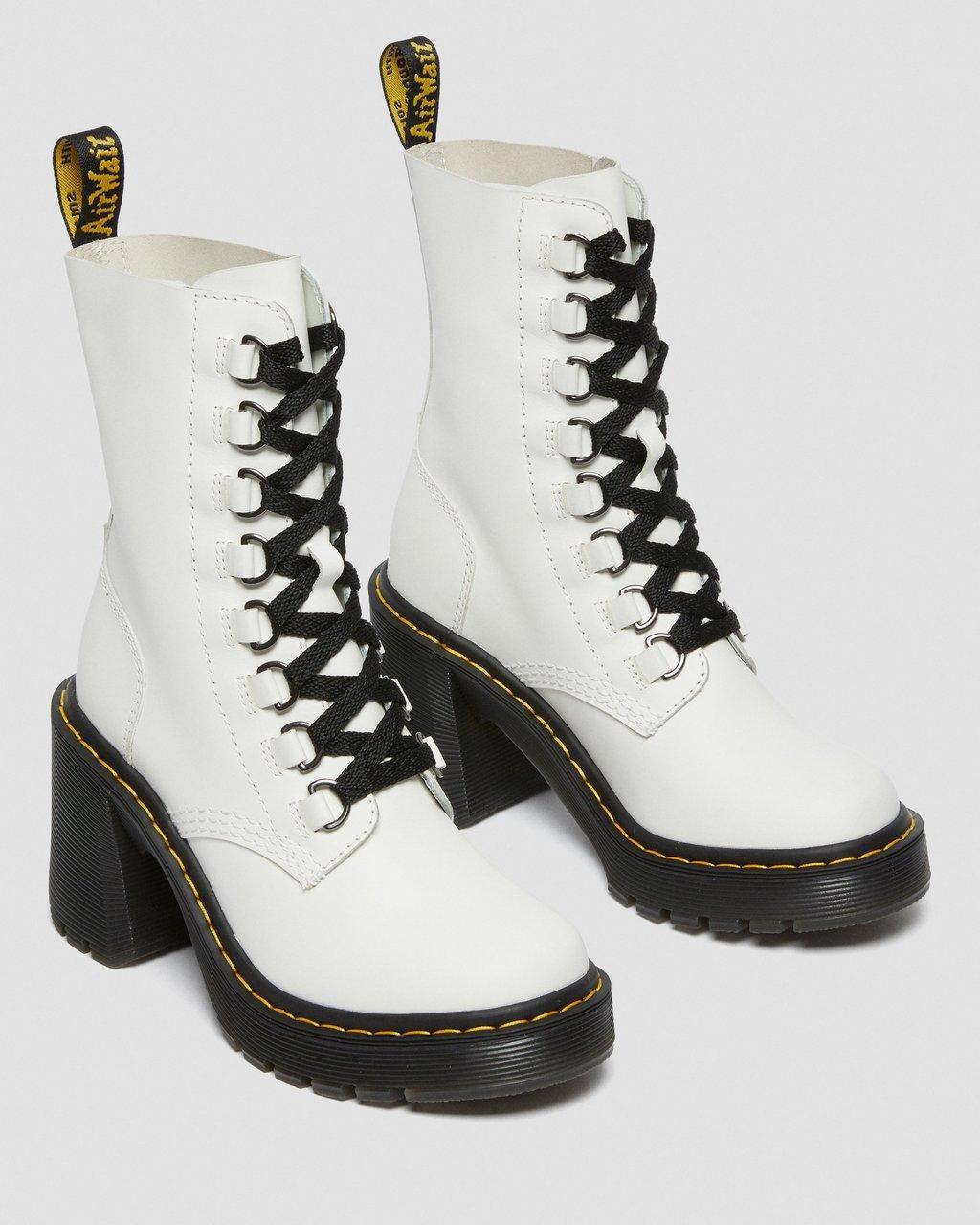 Dr. Martens Chesney Leather Flared Heel Lace Up Boots in White | Lyst