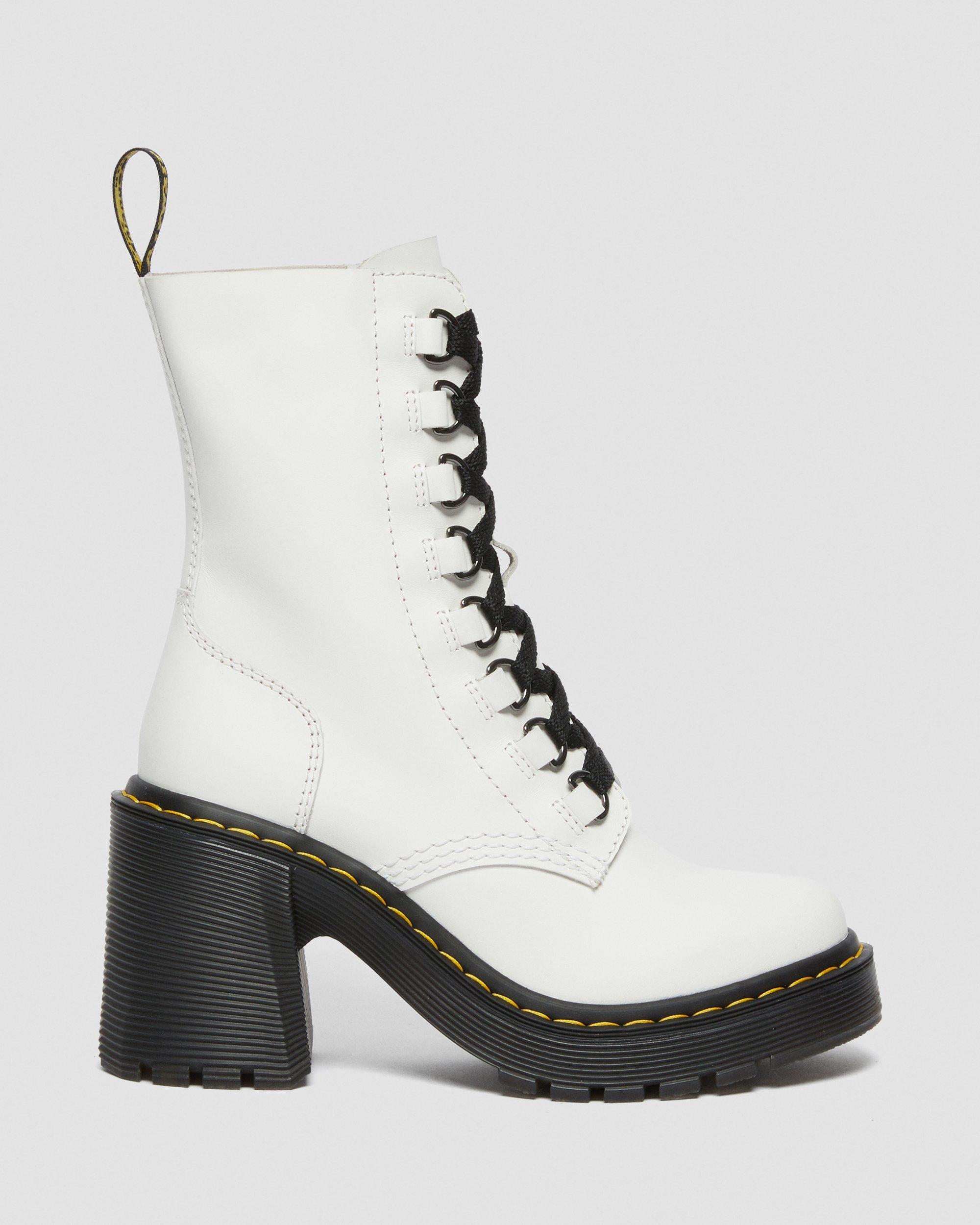 Dr. Martens Chesney Leather Flared Heel Lace Up Boots in White - Lyst