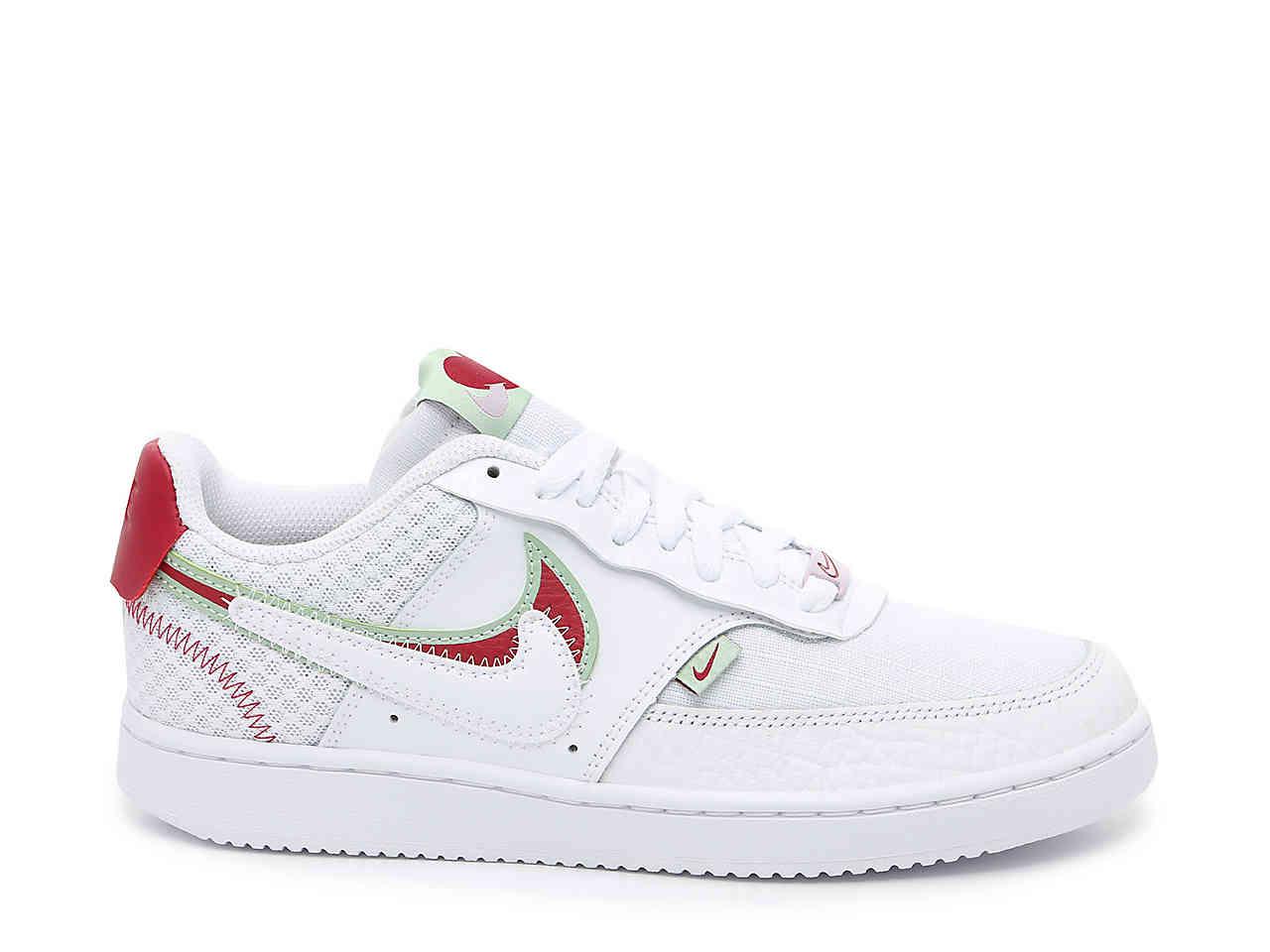 Nike Leather Court Vision Sneaker in White/Burgundy/Lime Green 