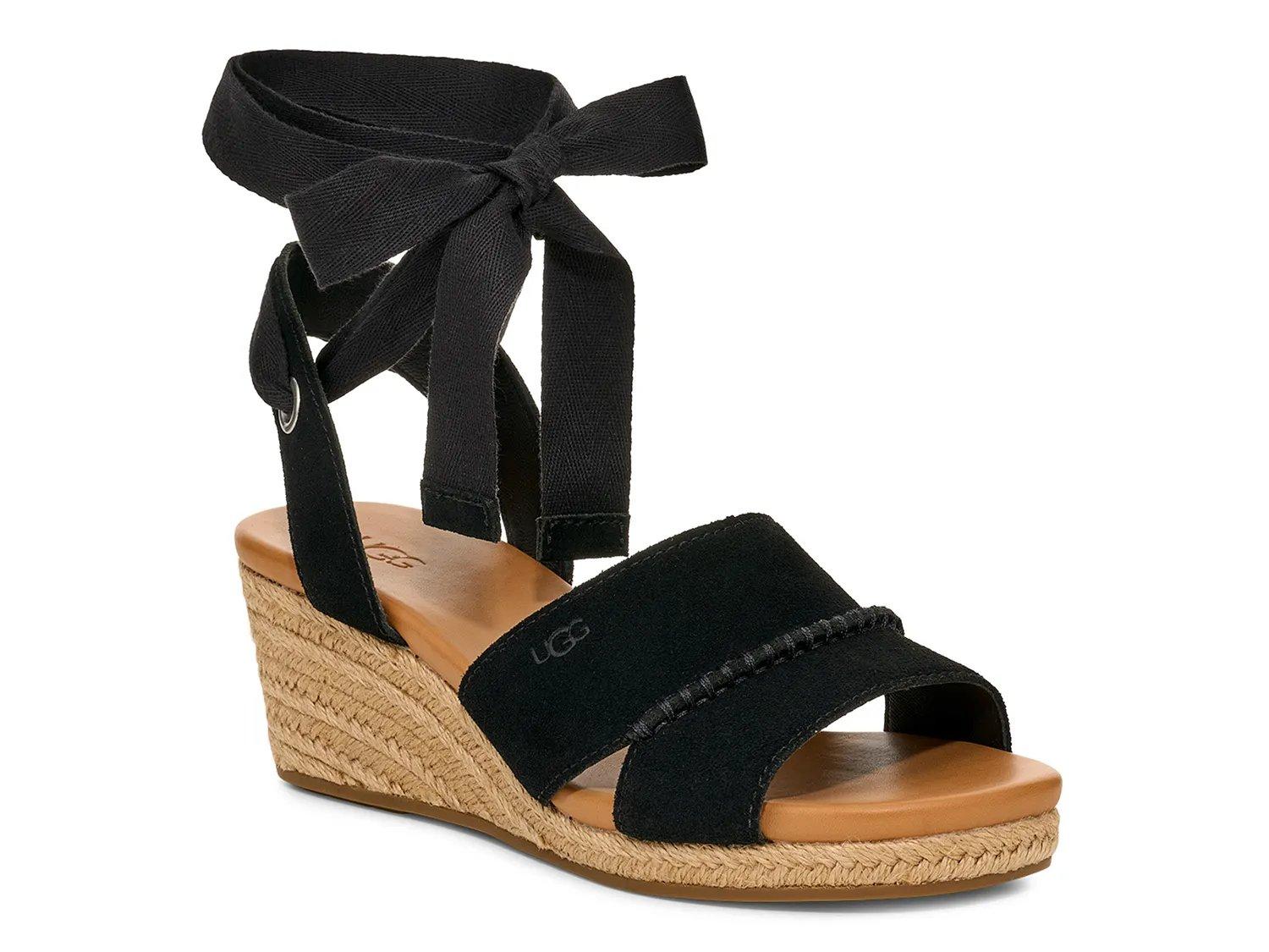 UGG Taia Ankle Tie Wedge Sandal in Black | Lyst