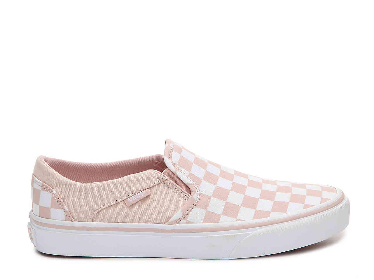 pink and white vans slip ons