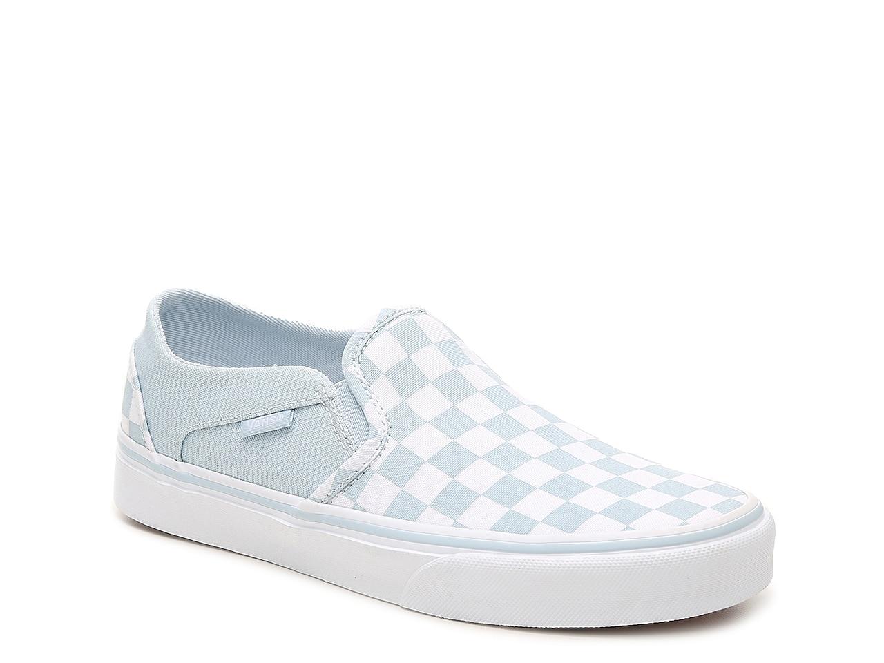 baby blue checkered slip on vans