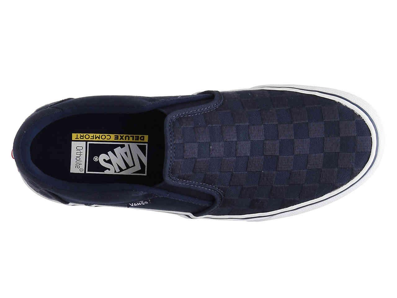navy blue checkered slip on vans