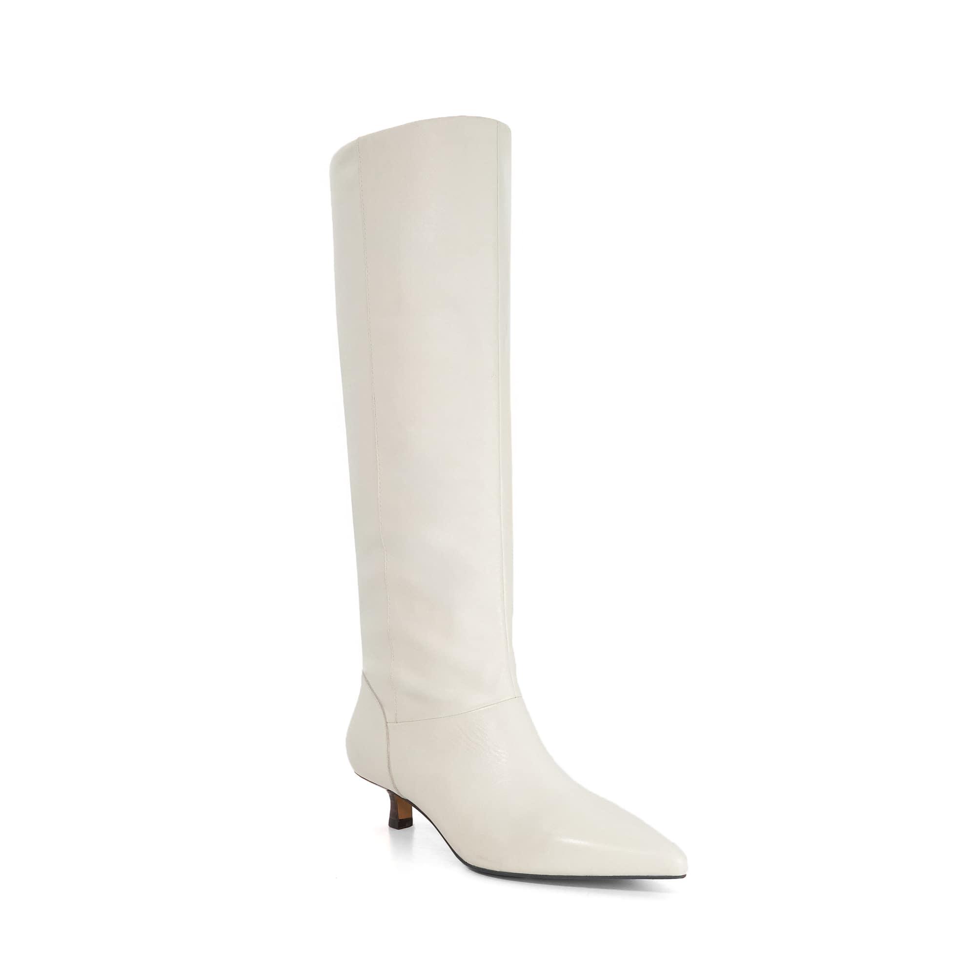Dune Sloan Leather Pointed Knee High Kitten Heel Boots in White
