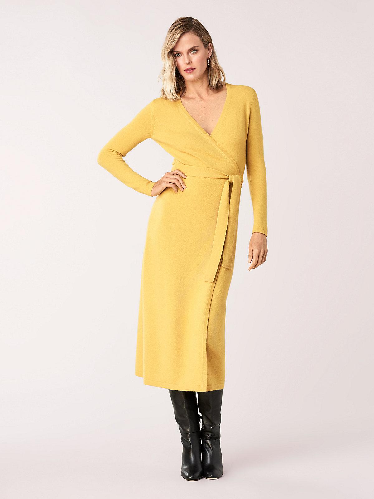 Diane von Furstenberg Astrid Wool-cashmere Midi Wrap Dress in Yellow | Lyst