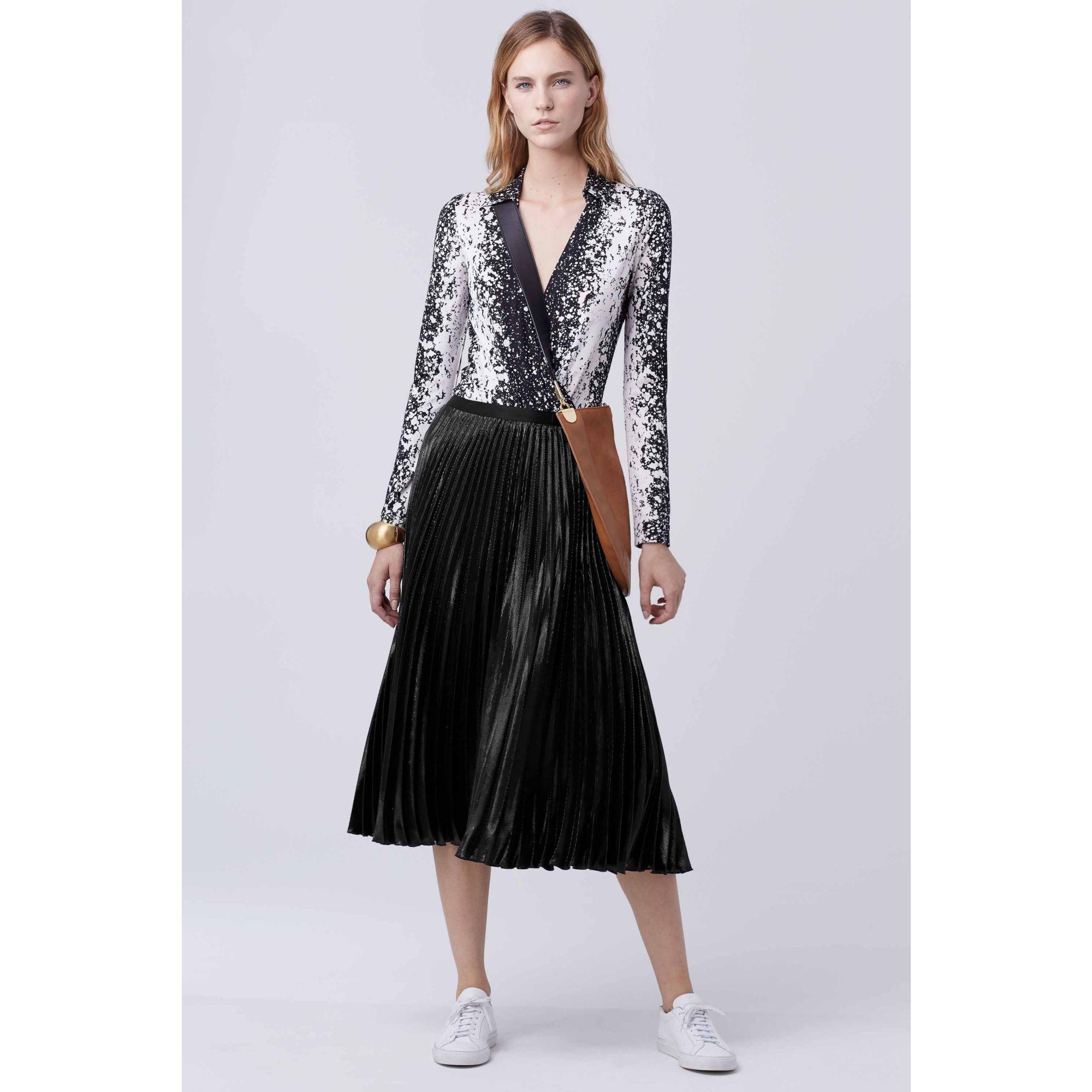 Diane von furstenberg Dvf Heavyn Pleated Midi Skirt in Black | Lyst