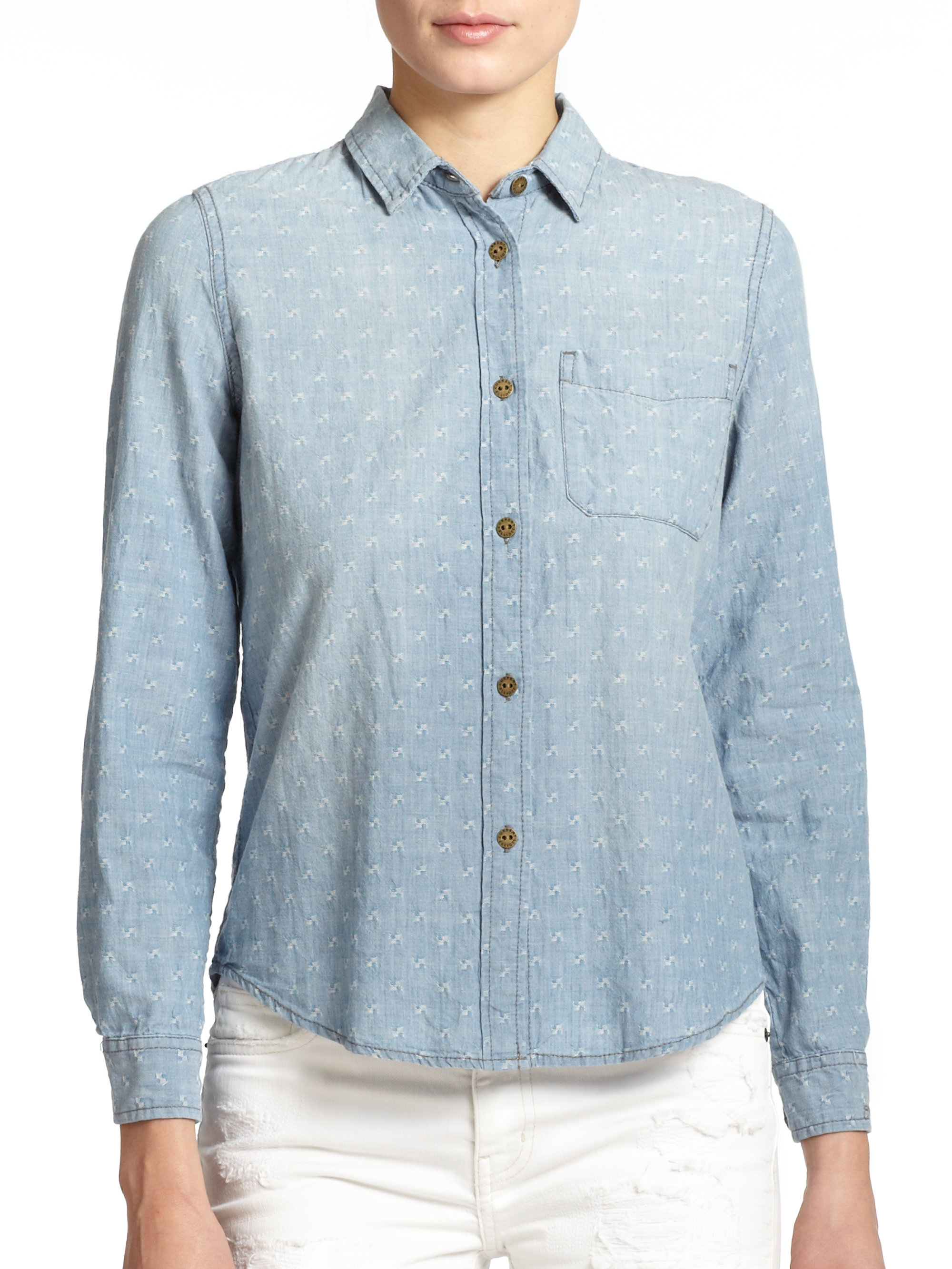 Current/elliott The Slim Boyfriend Embroidered Chambray Shirt in Blue